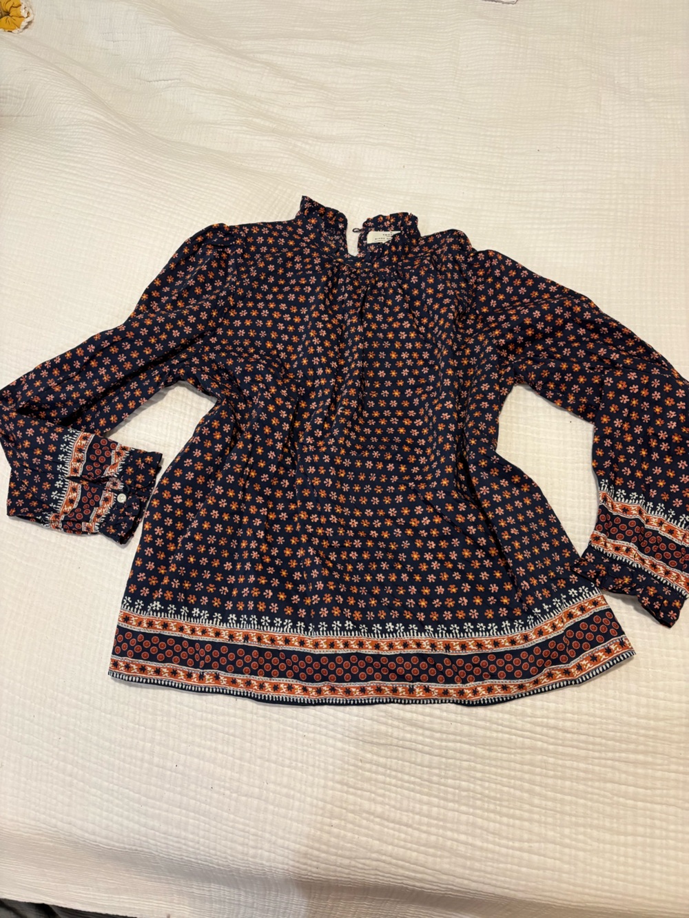 Trovata Navy Floral-Print Long Sleeve Peasant Blouse